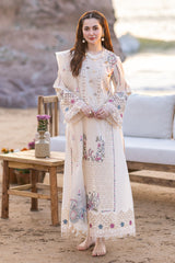 QALAMKAR -OFF WHITE 3PC LAWN EMBROIDERED SHIRT WITH ORGANZA CUTWORK EMBROIDERED DUPATTA AND TROUSER V455